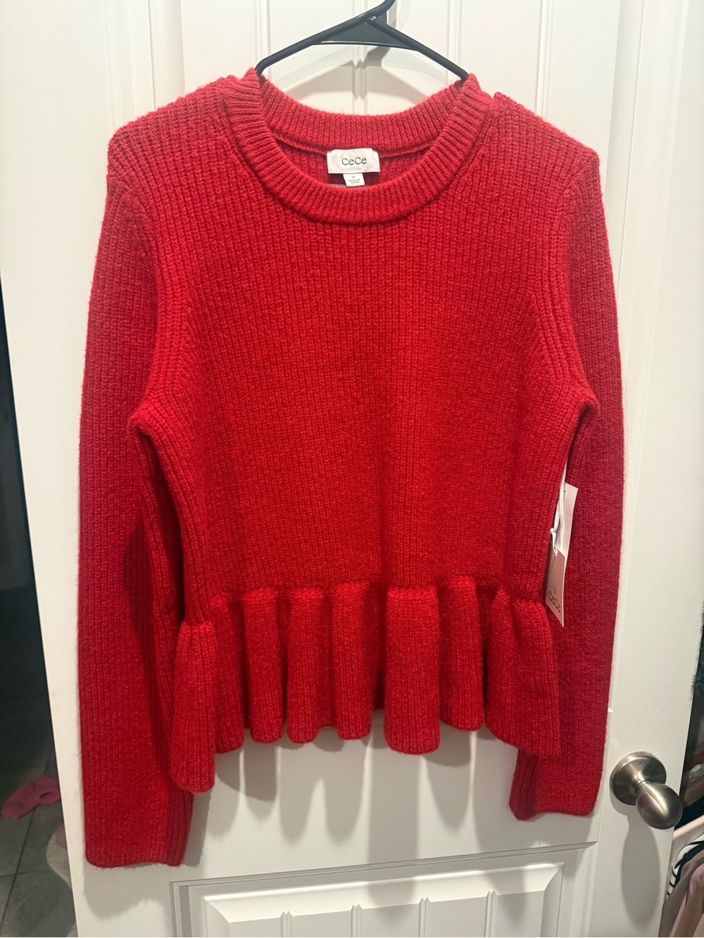 CeCe Bright Red Peplum Crewneck Sweater